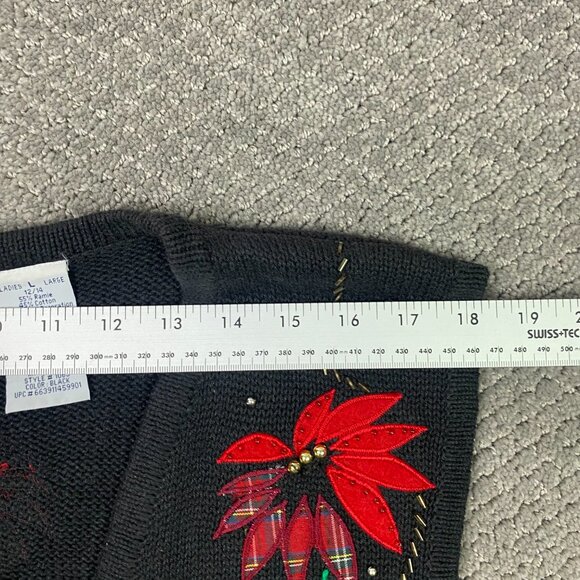 Vintage Bobbie Brooks Ugly Christmas Sweater Vest Women's Large Black Poinsettia - Picture 8 of 8